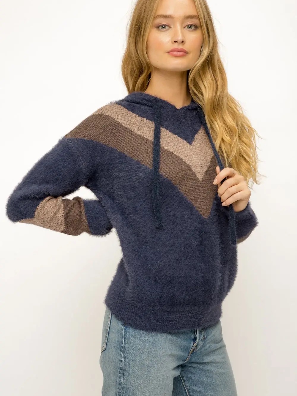 Cozy Chevron Hooded Sweater in Navy and Brown